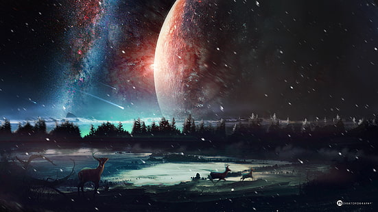 Чужой пейзаж Планета Звезды Ночной олень Снег HD, фэнтези, пейзаж, ночь, снег, звезды, планета, инопланетянин, олень, HD обои HD wallpaper