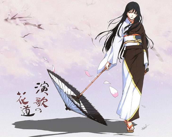 женский персонаж аниме держит зонт цифровые обои, horibe hiderou, девушка, кимоно, зонт, HD обои
