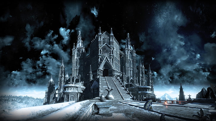 zamek z szarego betonu, Dark Souls, Dark Souls III, gry wideo, noc, katedra, Tapety HD