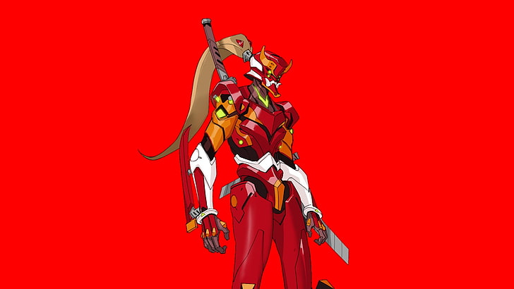 personnage d'anime avec épée illustration, épée, yeux, Neon Genesis Evangelion, EVA Unit 02, fond simple, Genji Shimada, Fond d'écran HD