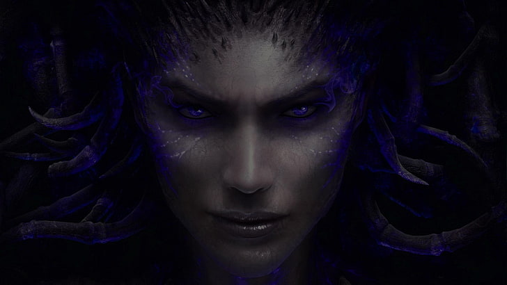 Medusa цифровые обои, Керриган, Starcraft II, черный, темный, синий, глаза, тень, герои шторма, Королева клинков, метаморфоза, Blizzard Entertainment, зло, StarCraft II: Сердце Роя, HD обои