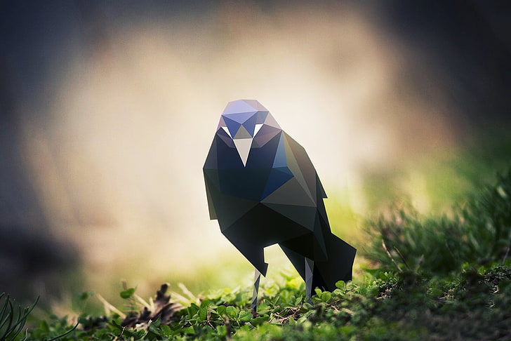 black and blue bird painting, nature, animals, birds, low poly, grass, digital art, crow, raven, depth of field, triangle, 3D, HD wallpaper