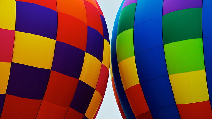 two assorted-color hot air balloons, colorful, square, hot air balloons, simplicity, HD wallpaper