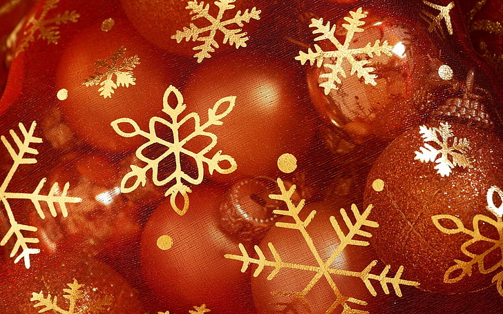 orange and white bauble and snowflake illustration, balls, snowflakes, holiday, new year, sequins, Christmas, HD wallpaper