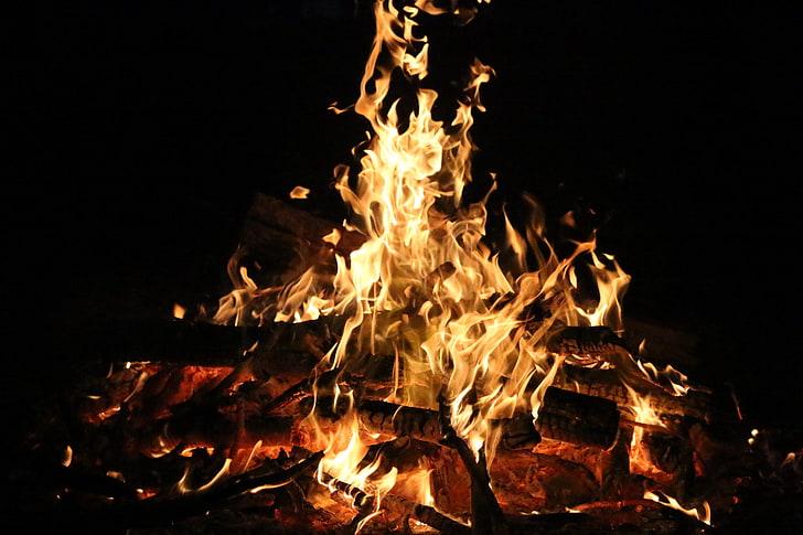 Ilustración de hoguera, hoguera, fuego, llama, leña, carbones, Fondo de pantalla HD