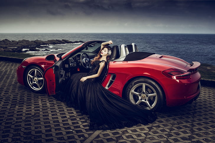 Frauen, Mädchen und Autos, Asiatisch, Schwarzes Kleid, Brünett, Mädchen, Model, Porsche, Rotes Auto, Frau, HD-Hintergrundbild