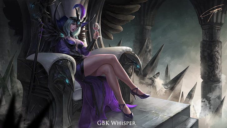 fantasy-themed female mage character sitting on chair wallpaper, video games, video game girls, magician, staff, League of Legends, LeBlanc (League of Legends), fantasy art, cleavage, HD wallpaper