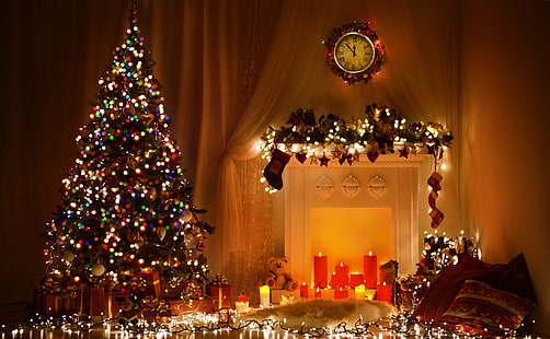 2015新年あけましておめでとうございます、赤と白のクリスマスツリーの装飾、休日、新年、ライト、美しい、冬、夜、背景、年、休日、祝う、クリスマスツリー、2015、 HDデスクトップの壁紙 HD wallpaper