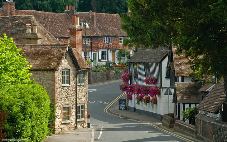 graue gepflasterte Straße, England, Kent, Dorf, Großbritannien, Häuser, Grafschaft, HD-Hintergrundbild