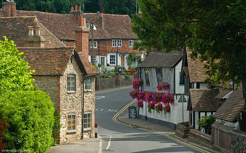 strada asfaltata grigia, Inghilterra, Kent, villaggio, Regno Unito, case, contea, Sfondo HD HD wallpaper
