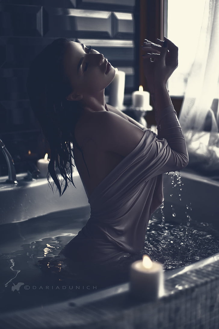 women, 500px, wet body, bathtub, closed eyes, HD wallpaper