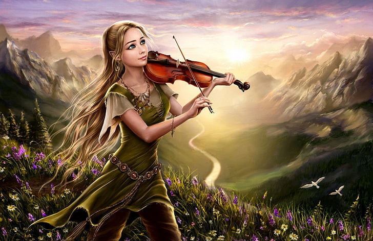 kvinna som spelar fiolillustration, flicka, blommor, berg, fåglar, natur, flod, gryning, fiol, kulle, fantasi, konst, HD tapet