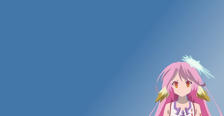 Ilustração de personagem de anime de menina de cabelos rosa, No Game No Life, Jibril, anime, meninas anime, cabelo rosa, cabelos longos, fundo simples, fundo azul, HD papel de parede