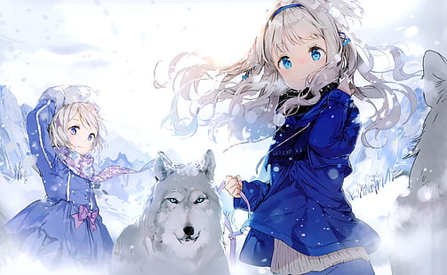 Anmi, snow, wolf, scarf, long hair, winter, anime, anime girls, HD wallpaper HD wallpaper