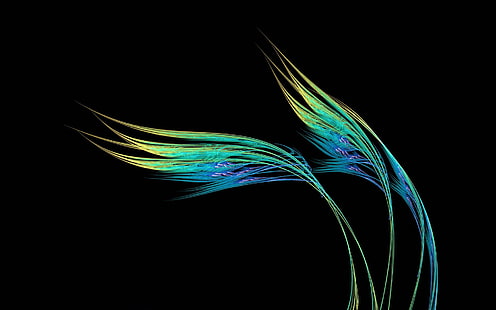 ريش الطاووس الأزرق والأخضر والرياح والعشب والخط والتجريد، خلفية HD HD wallpaper