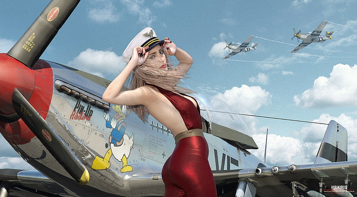 Pin-up 001, roter ärmelloser Frauenoverall, Mädchen, Hibikirus, Flugzeuge, Kriegsdonner, Pin-up, Mustang, S. 51, HD-Hintergrundbild