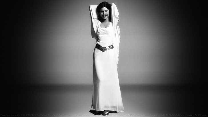 Carrie Fisher, Star Wars, wanita, satu warna, lengan atas, Putri Leia, tersenyum, aktris, almarhum, Wallpaper HD