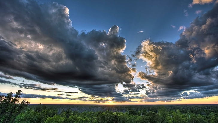 Formasi Awan Indah, hutan, horison, matahari terbenam, awan, alam, dan lanskap, Wallpaper HD