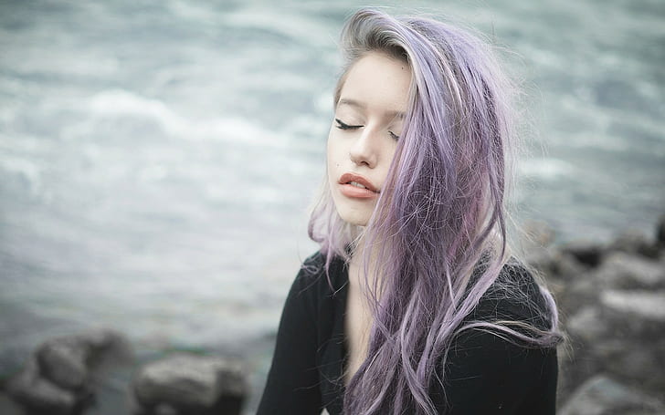 closed eyes, women, purple hair, dyed hair, HD wallpaper