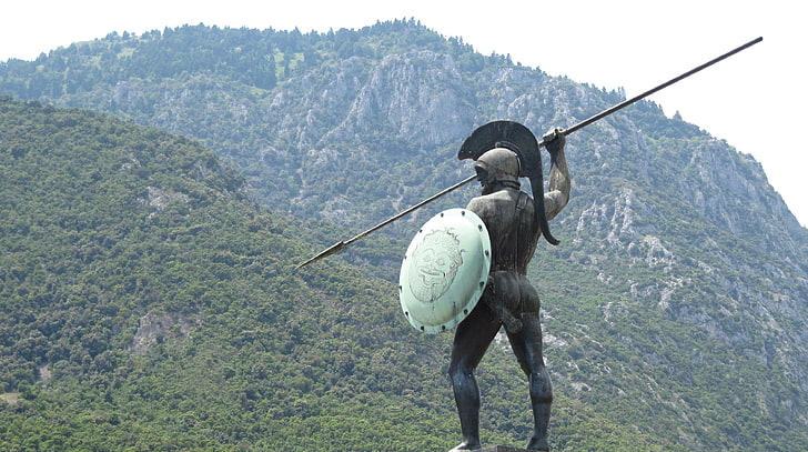войник със статуя на копие и шилф, статуя, воин, спартанци, термопили, HD тапет