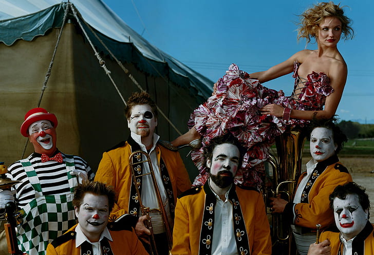 Cameron Diaz Prominente, sechs Mann und Frau Clown Maske, Prominente, Cameron Diaz, HD-Hintergrundbild