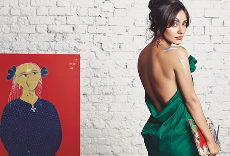 modella, donna, schiena nuda, attrici di Bollywood, capelli neri, neha sharma, abito verde, Sfondo HD HD wallpaper