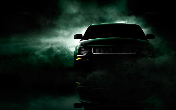 kendaraan hitam, mobil, asap biru, mobil berotot, Ford Mustang, Wallpaper HD