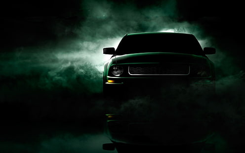 черно превозно средство, кола, син дим, мускулни коли, Ford Mustang, HD тапет HD wallpaper