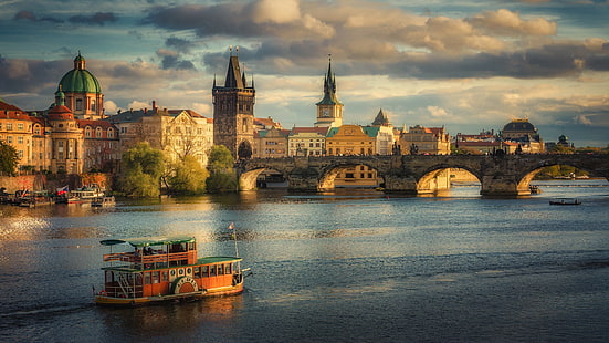 Czechy, Praga, Łaba, pejzaż miejski, rzeka, pojazd, most, Most Karola, Tapety HD HD wallpaper