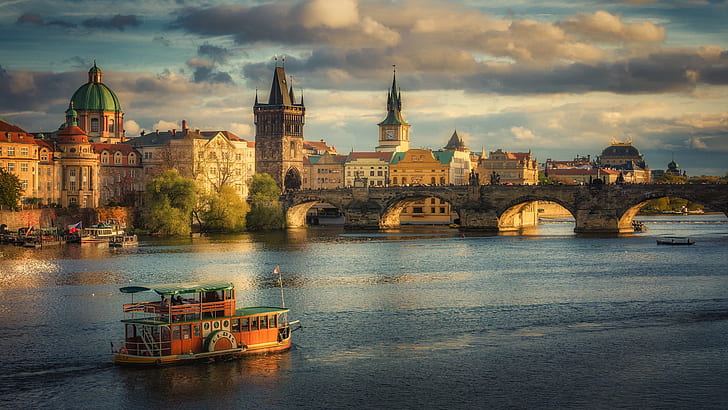 Prague, river, cityscape, vehicle, bridge, Czech Republic, Charles Bridge, Elbe, HD wallpaper