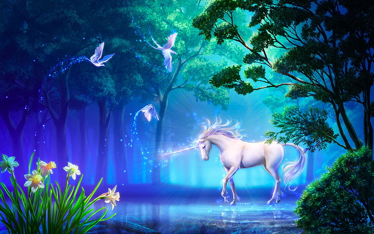 unicorn digital art, art, birds, fantasy, flower, horse, magic, tree, unicorn, HD wallpaper