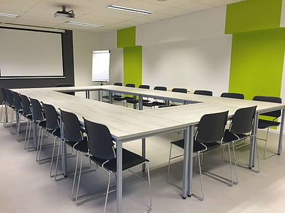board room, chairs, conference room, floor, indoors, meeting, office, projector, room, table, white screen, whiteboard, HD wallpaper HD wallpaper