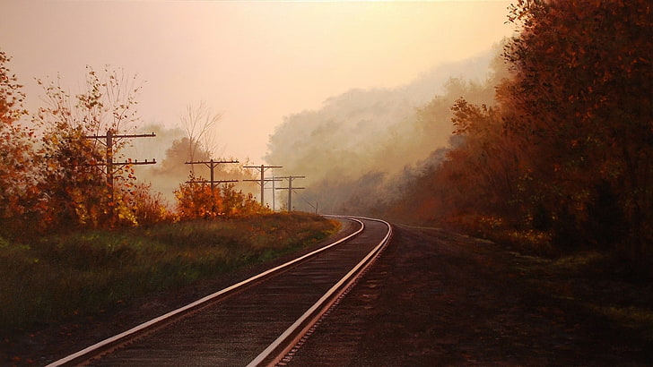 поезд рельс, железная дорога, живопись, осень, традиционное искусство, рисунок, HD обои