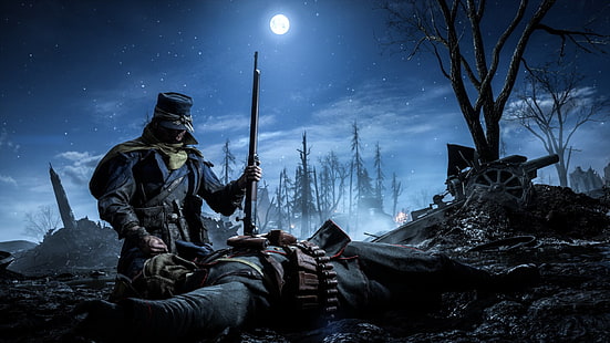 Battlefield, Battlefield 1, Moon, Night, Soldier, Warzone, Sfondo HD HD wallpaper