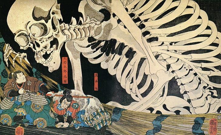 Japanische Samurai-Kunst, Skelett und zwei Männer malen, künstlerisch, Zeichnungen, Samurai, japanisch, HD-Hintergrundbild