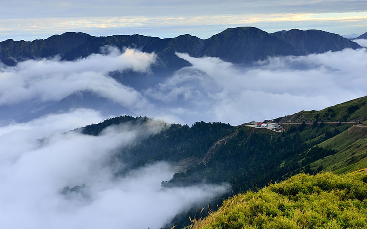 бяла и черна планинска живопис, природа, пейзаж, облаци, планини, Тайван, гора, HD тапет
