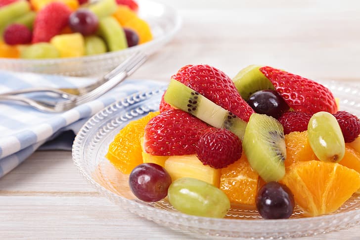 berries, orange, kiwi, strawberry, grapes, fruit, fruit salad, HD wallpaper