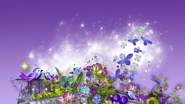 Lavender Summer Dreams, stars, bright, bird, lavender, flowers, spring, purple, glow, summer, nature and landscapes, HD wallpaper