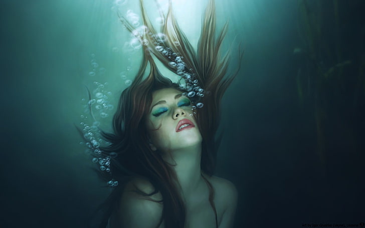 artwork, women, underwater, fantasy girl, fantasy art, bubbles, closed eyes, HD wallpaper