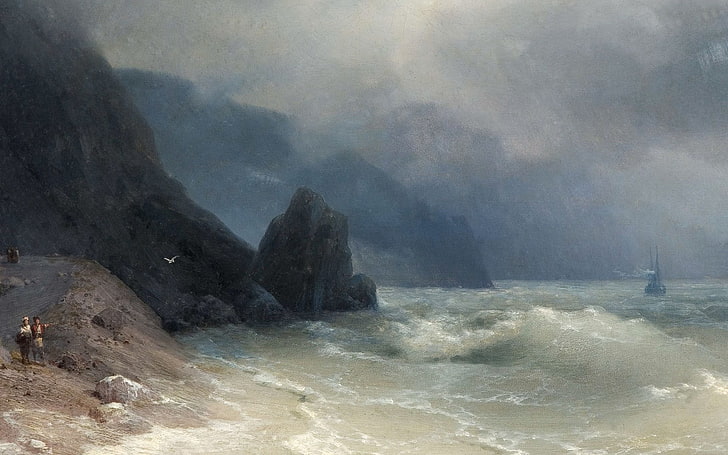 mężczyzna stojący na brzegu morza podczas deszczu tapeta, grafika, Ivan Aivazovsky, plaża, morze, skała, malarstwo, sztuka klasyczna, Tapety HD