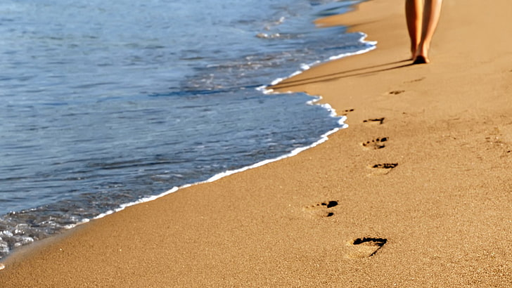 footprints, nature, sand, sea, HD wallpaper