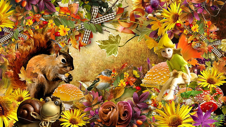 Fall Fun In The Garden, фея, бантики, апельсин, осень, листья, птица, причудливый, цветы, золото, табуретки жабы, ленты, милая, Флер, HD обои