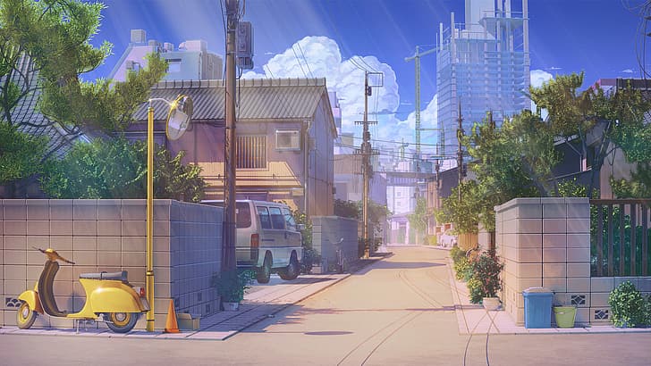 Background Art, anime, landscape, street, sky, clouds, light effects, sunlight, building, scooters, ArseniXC, Love, Money, Rock'n'Roll, visual novel, artwork, digital art, HD wallpaper