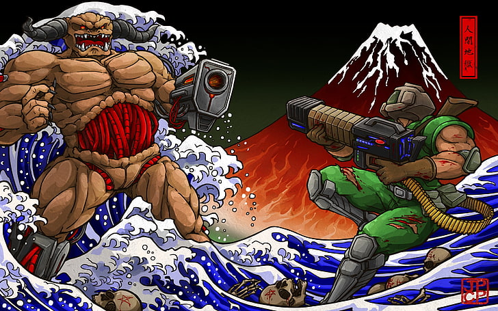 илюстрация на карикатура, Doom (игра), пушка, Голямата вълна от Канагава, HD тапет
