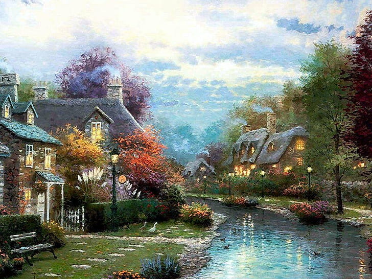 lamplight brook(for wren) art bench brook Colours Ducks flowers houses Krinkade lamplights nature pa HD, nature, abstract, trees, flowers, sky, river, art, painting, spring, pretty, bench, colours, place, houses, ducks, painter, brook, lamplights, krinkade, HD wallpaper