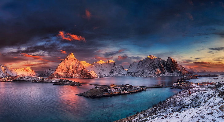 schneebedecktes Land, Landschaft, Natur, Winter, Schnee, Häfen, Berge, Norwegen, Kälte, Meer, HD-Hintergrundbild