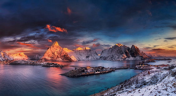 tierra cubierta de nieve, paisaje, naturaleza, invierno, nieve, puertos, montañas, Noruega, frío, mar, Fondo de pantalla HD HD wallpaper