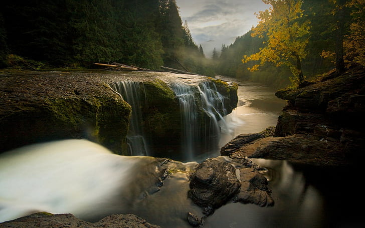 outono, estado de Washington, longa exposição, paisagem, floresta, cachoeira, água, rio, córrego, natureza, EUA, árvores, rocha, HD papel de parede