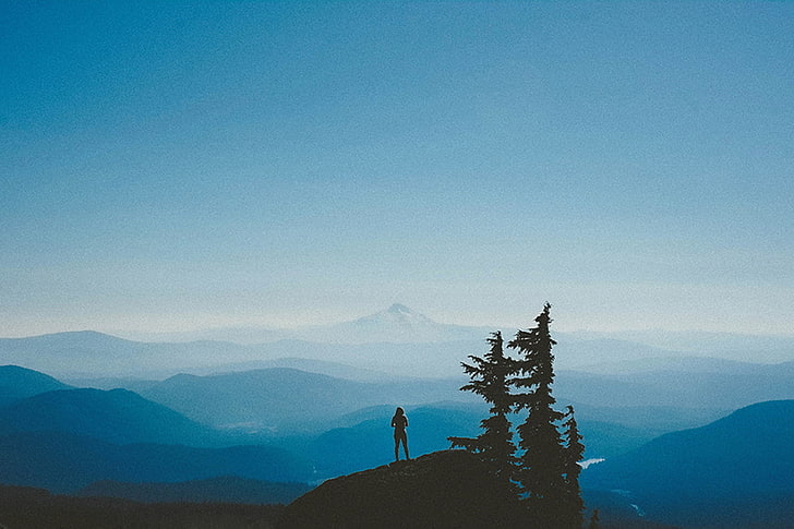 silhouette photo of person on mountain, mountains, blue, sky, nature, HD wallpaper
