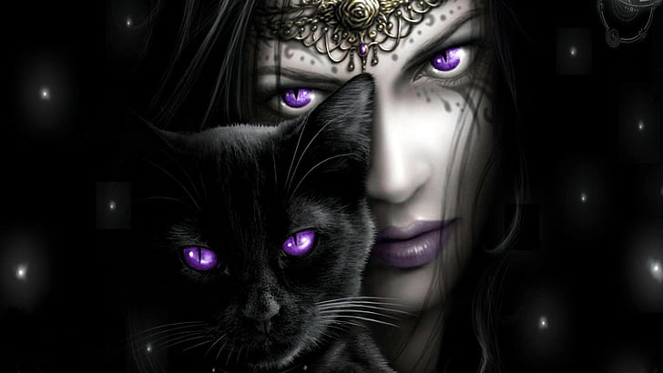 Момиче и черна котка, фон, момиче, лице, очи, поглед, ЧЕРНА КОТКА, HD тапет